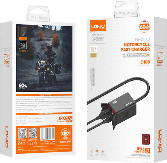 Ldnio Încărcător pentru Motocicletă cu Porturi: 1xUSB & 1xType-C