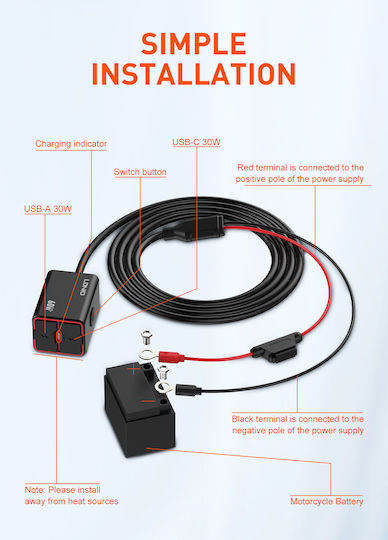 Ldnio Încărcător pentru Motocicletă cu Porturi: 1xUSB & 1xType-C