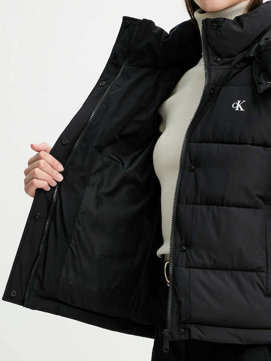 Women's Short Puffer Jacket for Winter with Hood Black