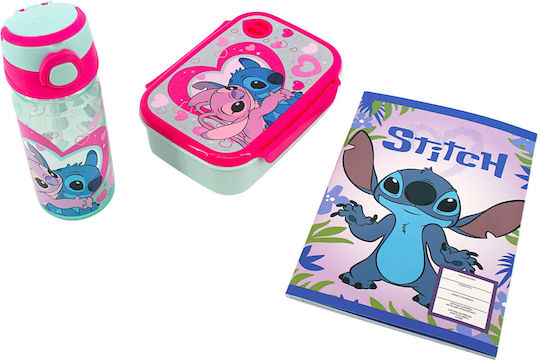 Lilo & Stitch Kinderlebensmittelbehälter Set 3 Stück 800ml & Trinkflasche mit Strohhalm 500ml & Notizbuch Nadel 40 Blatt