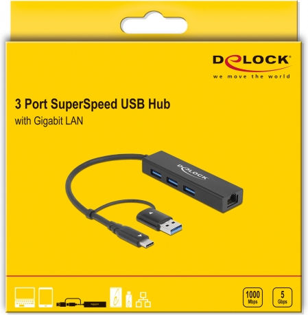 DeLock USB Хъб с 3 Порта USB 3.2 с USB-C и Ethernet
