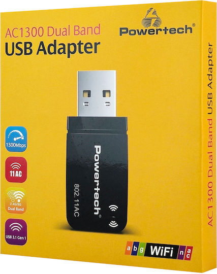 Powertech PT-1450 Αντάπτορας Δικτύου USB με Ασύρματη Σύνδεση Wi-Fi 1300Mbps