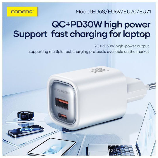 Foneng Φορτιστής Χωρίς Καλώδιο με Θύρα USB-C 20W Power Delivery Λευκός (EU69)