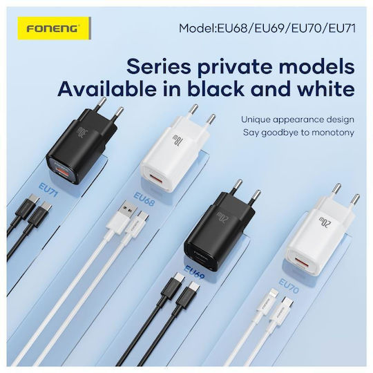 Foneng Charger with USB-C Port and Cable USB-C - USB-C 20W Power Delivery Whites (EU69)