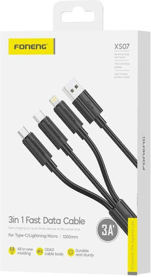 Foneng USB to micro USB / Lightning Cable 3A Μαύρο 1.2m
