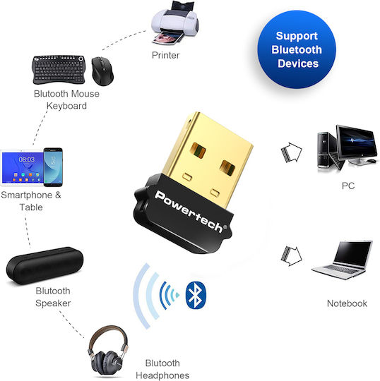 Powertech USB Bluetooth 5.1 Адаптер с Обхват 20м Сив (PT-1452)