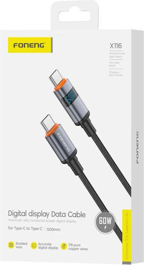 Foneng Braided USB 2.0 Cable USB-C male - USB-C 60W PD Μαύρο 1.2m