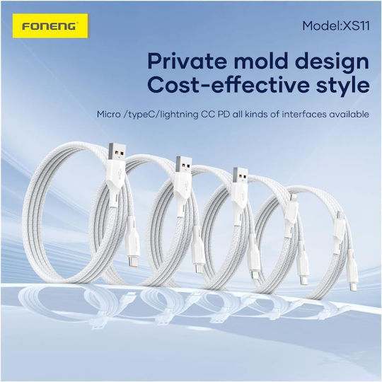 Foneng Braided USB 2.0 Cable USB-C male - USB-C 60W PD Λευκό 1m