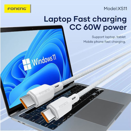Foneng Braided USB 2.0 Cable USB-C male - USB-C 60W PD Λευκό 1m