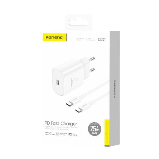 Foneng Charger GaN with USB-C Port and Cable USB-C - USB-C 25W Power Delivery Whites (EU51)