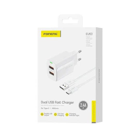 Foneng Φορτιστής με 2 Θύρες USB-A και Καλώδιο USB-C 12W Λευκός (EU63)