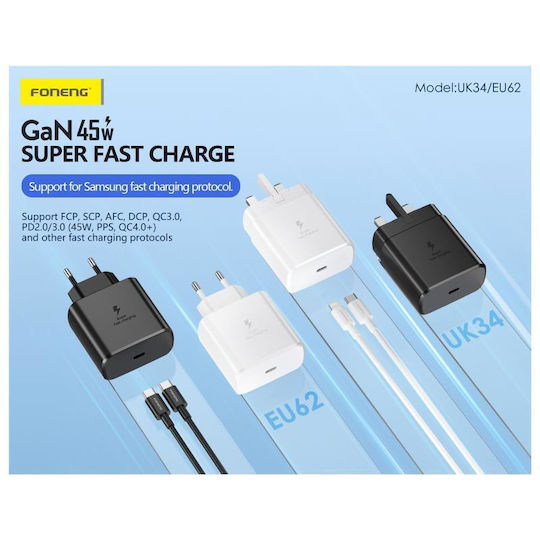 Foneng Φορτιστής Χωρίς Καλώδιο GaN με Θύρα USB-C 45W Power Delivery Λευκός (EU62)