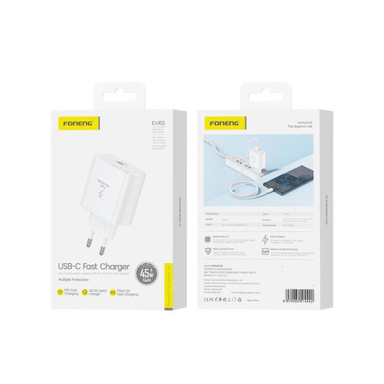 Foneng Φορτιστής Χωρίς Καλώδιο GaN με Θύρα USB-C 45W Power Delivery Λευκός (EU62)
