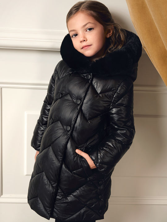 Kids Quilted Long Coat with Hood Black