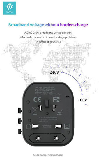 Devia Devia Adaptor pentru Prize Universal în Universal cu 2 Porturi USB