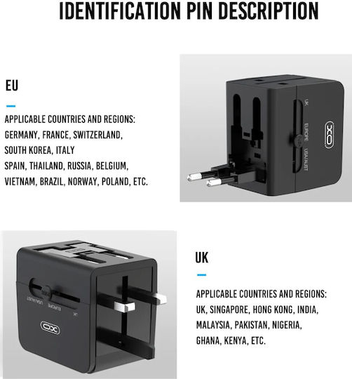 XO WL01 Αντάπτορας Πρίζας από Universal σε Universal με 2 Θύρες USB