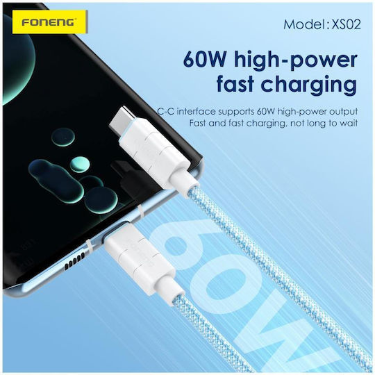 Foneng USB 2.0 Cable USB-C male - USB-C 60W PD Λευκό 1.2m
