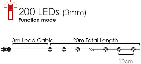200 Lights LED 20m. Warm White in String 1pcs