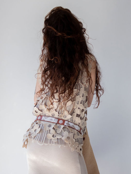 Damen Bluse Baumwolle Ärmellos Blumen Beige