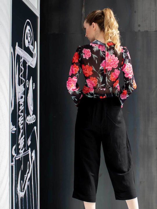Damen Crop Top Langarm Blumen Black
