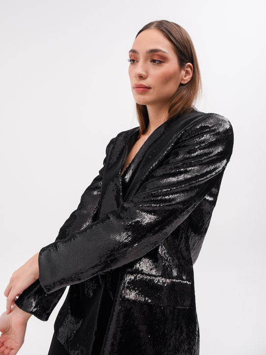 Liviana Conti Long Women's Double Breasted Blazer Black with Sequins