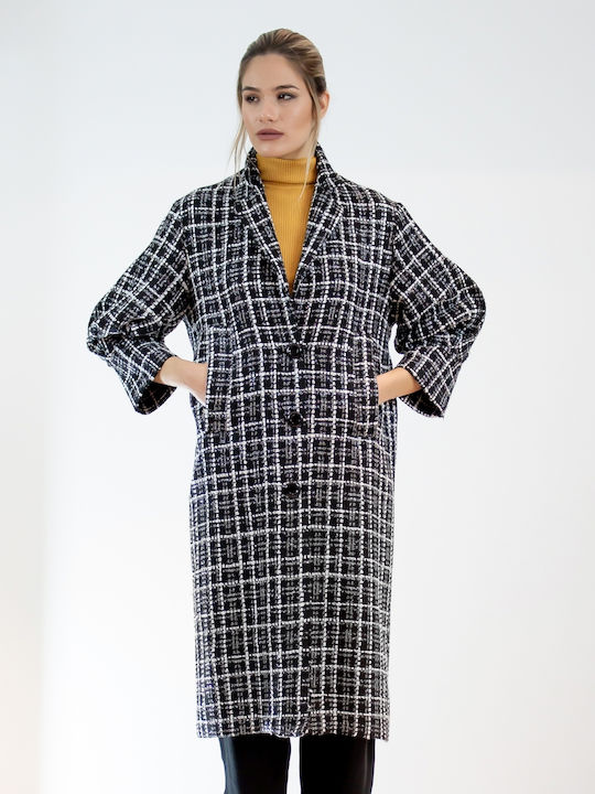 Curly Women's Checked Black Coat with Buttons