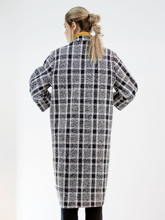 Curly Women's Checked Black Coat with Buttons