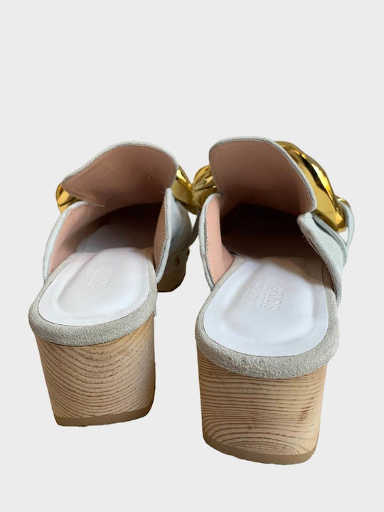 Leather Mules with Chunky Heel in Gray Color