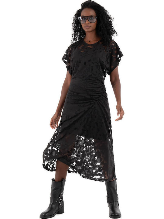Rochie Midi De Seară Cu Dantelă Și Plasă Neagră
