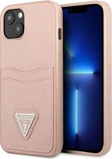 Guess Saffiano Double Card Back Cover Piele artificială cu Suport pentru Carduri Roz (iPhone 13)