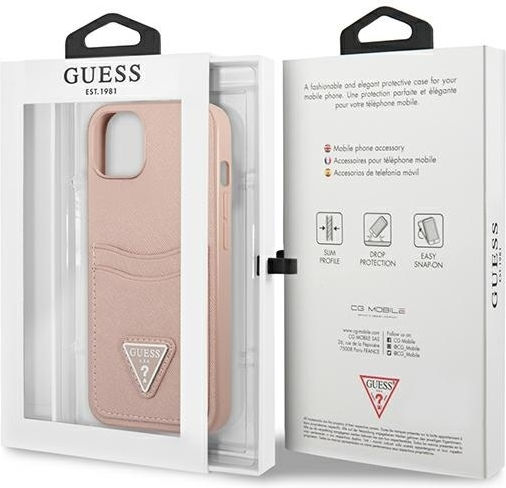 Guess Saffiano Double Card Back Cover Synthetic Leather with Card Slot Pink (iPhone 13 mini)