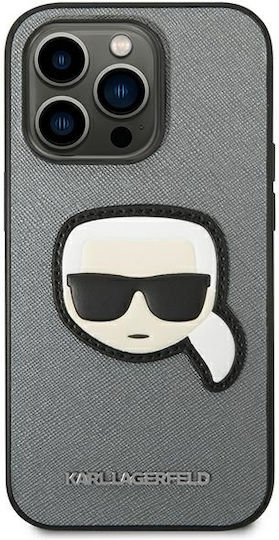 Karl Lagerfeld Saffiano With Karl Head Patch Umschlag Rückseite Silikon Silber (iPhone 14 Pro Max)