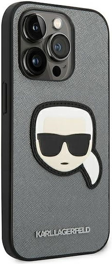 Karl Lagerfeld Saffiano With Karl Head Patch Umschlag Rückseite Silikon Silber (iPhone 14 Pro Max)