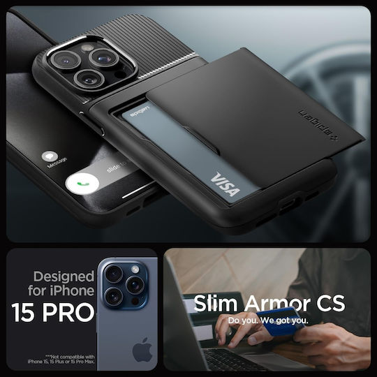 Spigen Slim Armor CS Umschlag Rückseite Silikon / Kunststoff 2mm mit Kartenhalter Schwarz (iPhone 15 Pro)