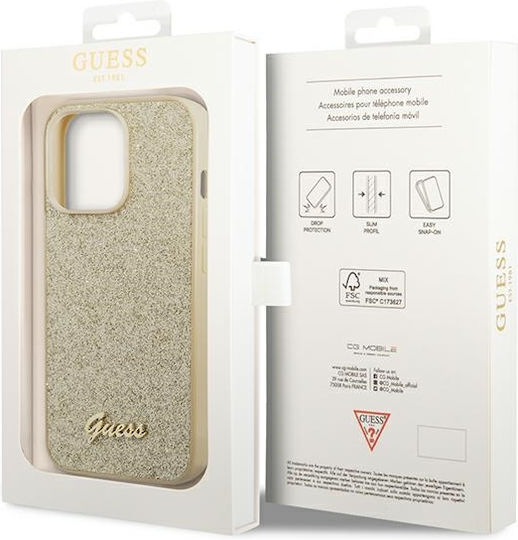 Guess Glitter Flakes Script Metal Logo Back Cover Σιλικόνης Χρυσό (iPhone 14 Pro Max)