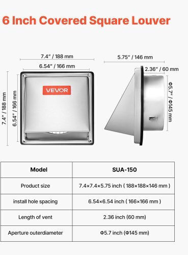 Vevor Vent Louver 18.8x18.8cm Square with Screen
