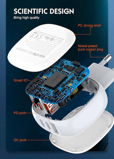 Ldnio Зарядно без кабел с USB-A порт и 2 USB-C порта 67W Бял (Q3611)
