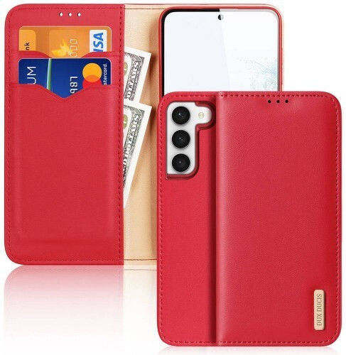 Samsung Galaxy S24 Ultra 5g Dux Ducis Dux Ducis Dux Ducis Hivo Series Case with Rfid Blocking, Support Base, Magnetic Closure Card Slots Flip Wallet Case made of genuine leather and Tpu Red