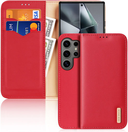 Samsung Galaxy S24 Ultra 5g Dux Ducis Dux Ducis Dux Ducis Hivo Series Case with Rfid Blocking, Support Base, Magnetic Closure Card Slots Flip Wallet Case made of genuine leather and Tpu Red