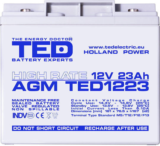 Baterie Agm Vrla 12v 23a Rată Mare 181mm X 76mm X H 167mm M5 Ted Battery Expert Holland Ted003362 2