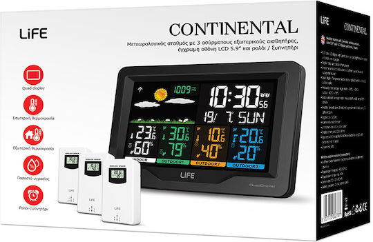 Life Continental Quad Display Wireless Digital Weather Station Tabletop / Wall Mounted Black