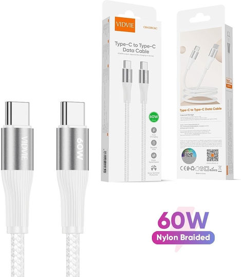 Vidvie Braided USB 2.0 Cable USB-C male - USB-C 60W Λευκό 2m
