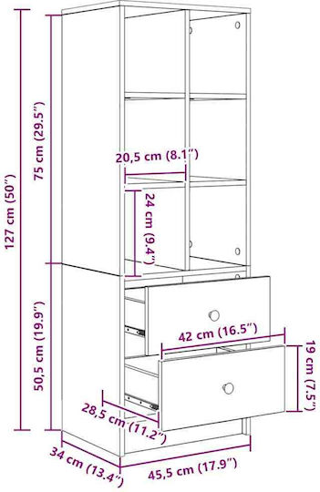 Дървен Офисен Шкаф Сив Сонома 45.5x34x127см