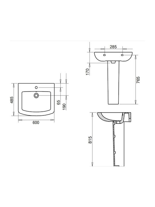 Tema Стенен Подвесен Баня Умивалник Порцелан 60x48.5x17см Бял