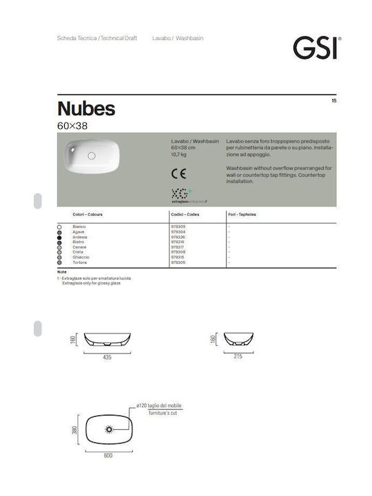 GSI Nubes Aufgesetztes Waschbecken Porzellan 60x38x16cm White