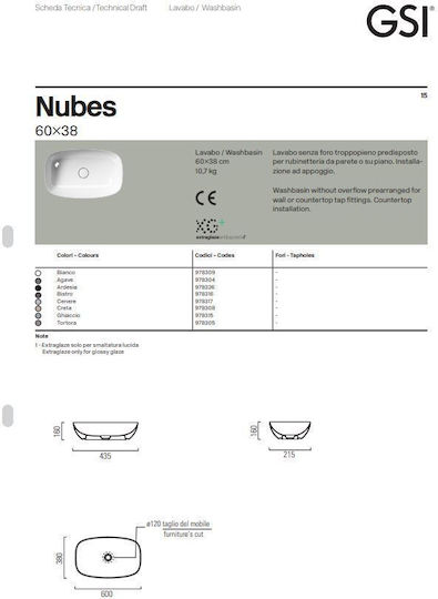 GSI Nubes Επικαθήμενος Νιπτήρας Πορσελάνης 60x38x16cm Λευκός
