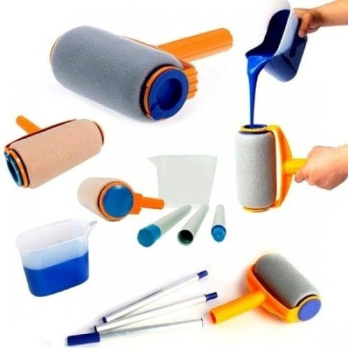 Foxmag24 Paint Roller Set Reservoir Extendable Arm 3 Accessories One-liter Container Orange Blue