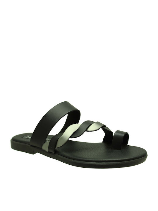 Leather Women's Flat Sandals in Black Color