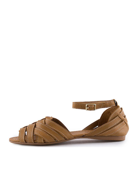 Leather Women's Flat Sandals in Tabac Brown Color