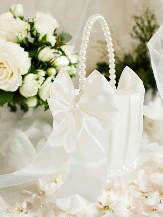 Official Ultra-Shiny Wedding Basket Dressed in Satin Fabric Decorated with Unique Pearls and Impressive White Bows